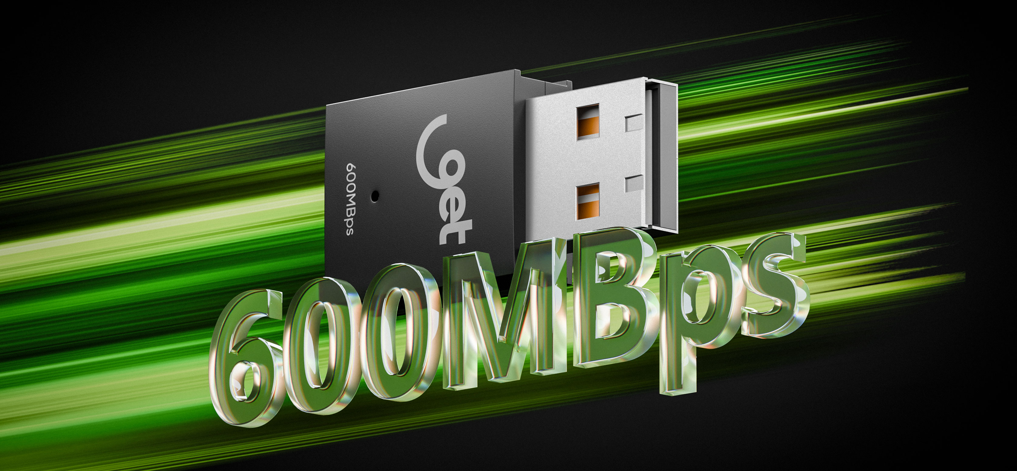 Notebook com o adaptador Wi-Fi Goldentec em uma mesa, exibindo um gráfico de performance de rede.