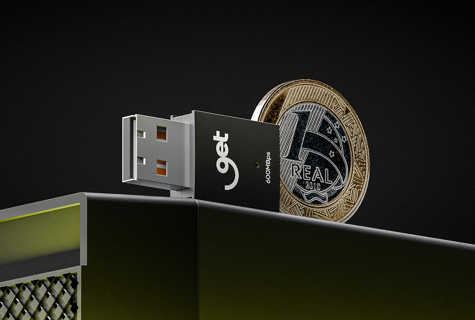 O adaptador Wi-Fi Goldentec sendo segurado entre os dedos para mostrar seu design compacto e portátil.