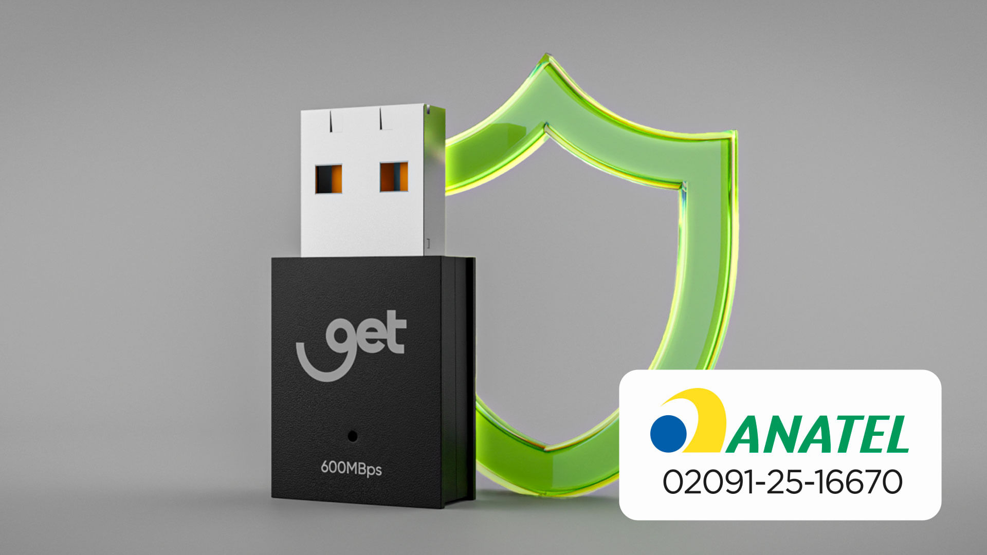 Selo de homologação da ANATEL em destaque ao lado do adaptador Wi-Fi Goldentec.