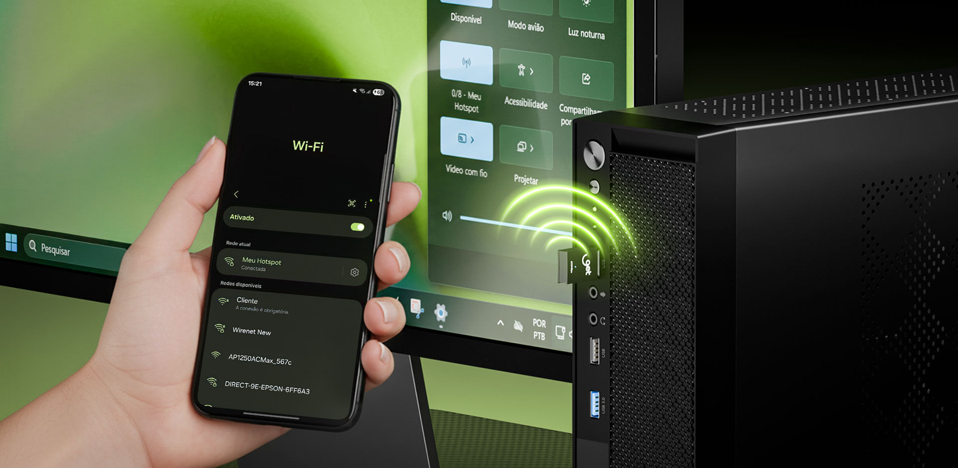 Pessoas conectando seus smartphones e tablets a uma rede Wi-Fi gerada pelo adaptador Goldentec.