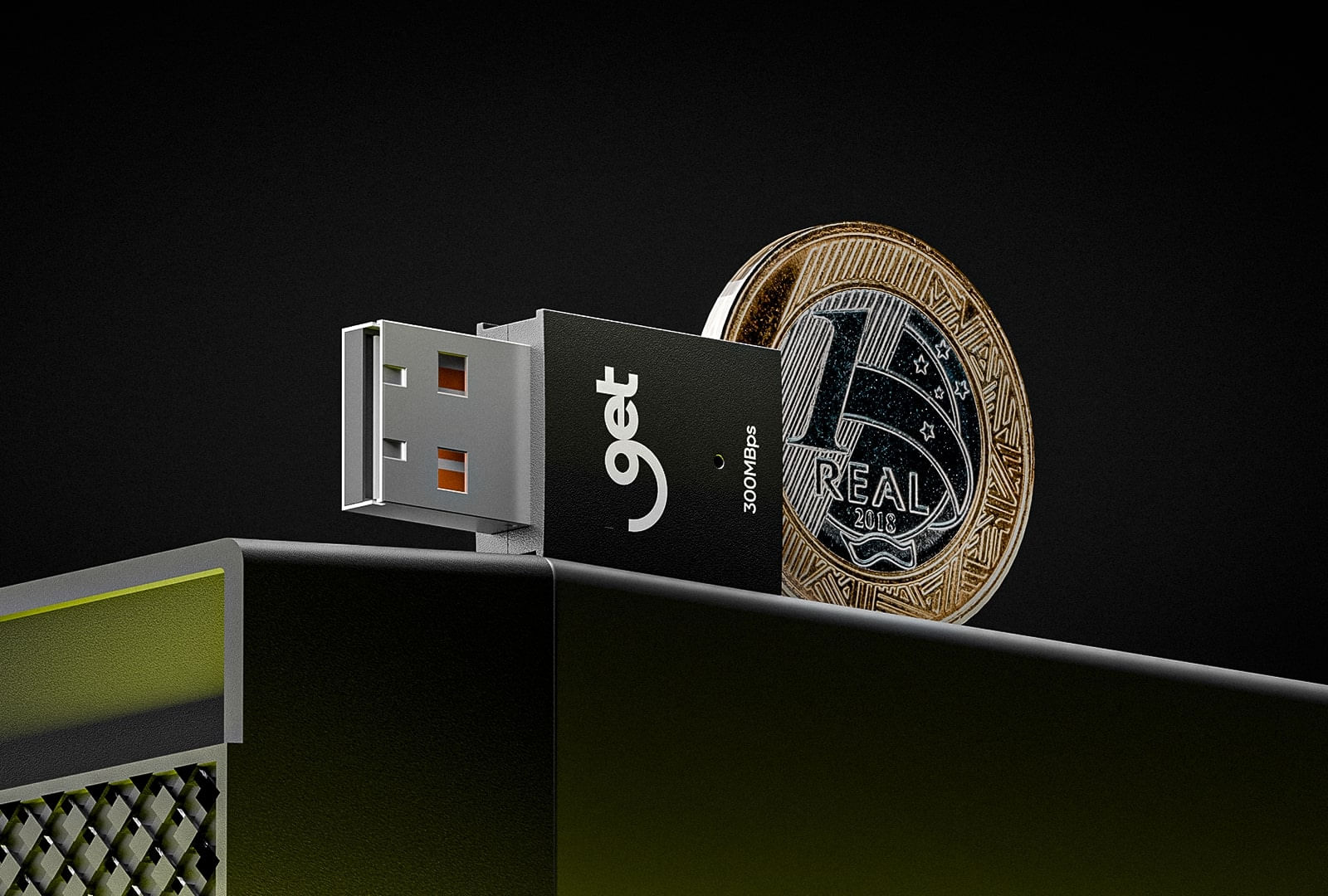 O adaptador Wi-Fi Goldentec sendo segurado entre os dedos para mostrar seu design compacto e portátil.