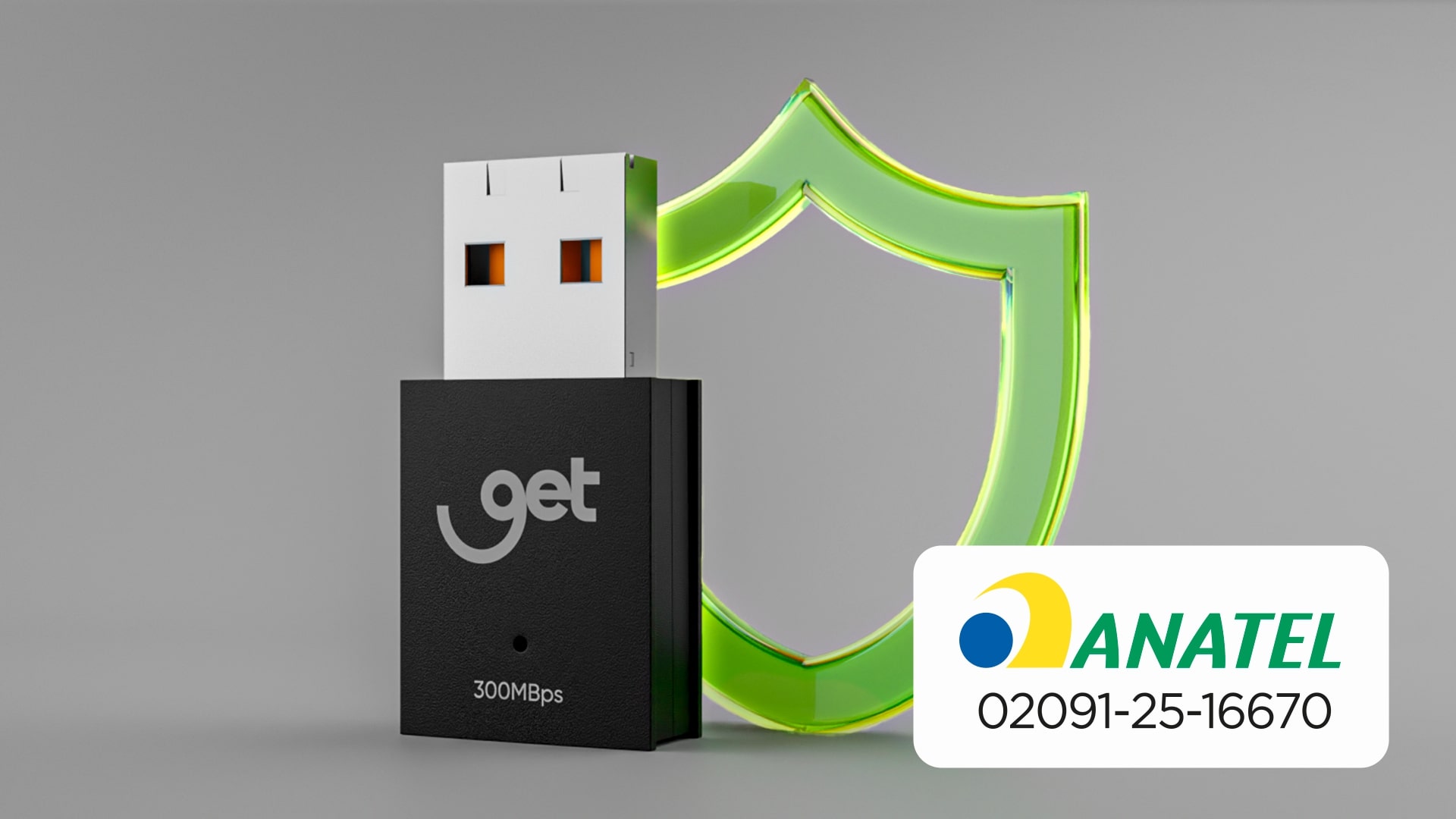 Selo de homologação da ANATEL em destaque ao lado do adaptador Wi-Fi Goldentec.