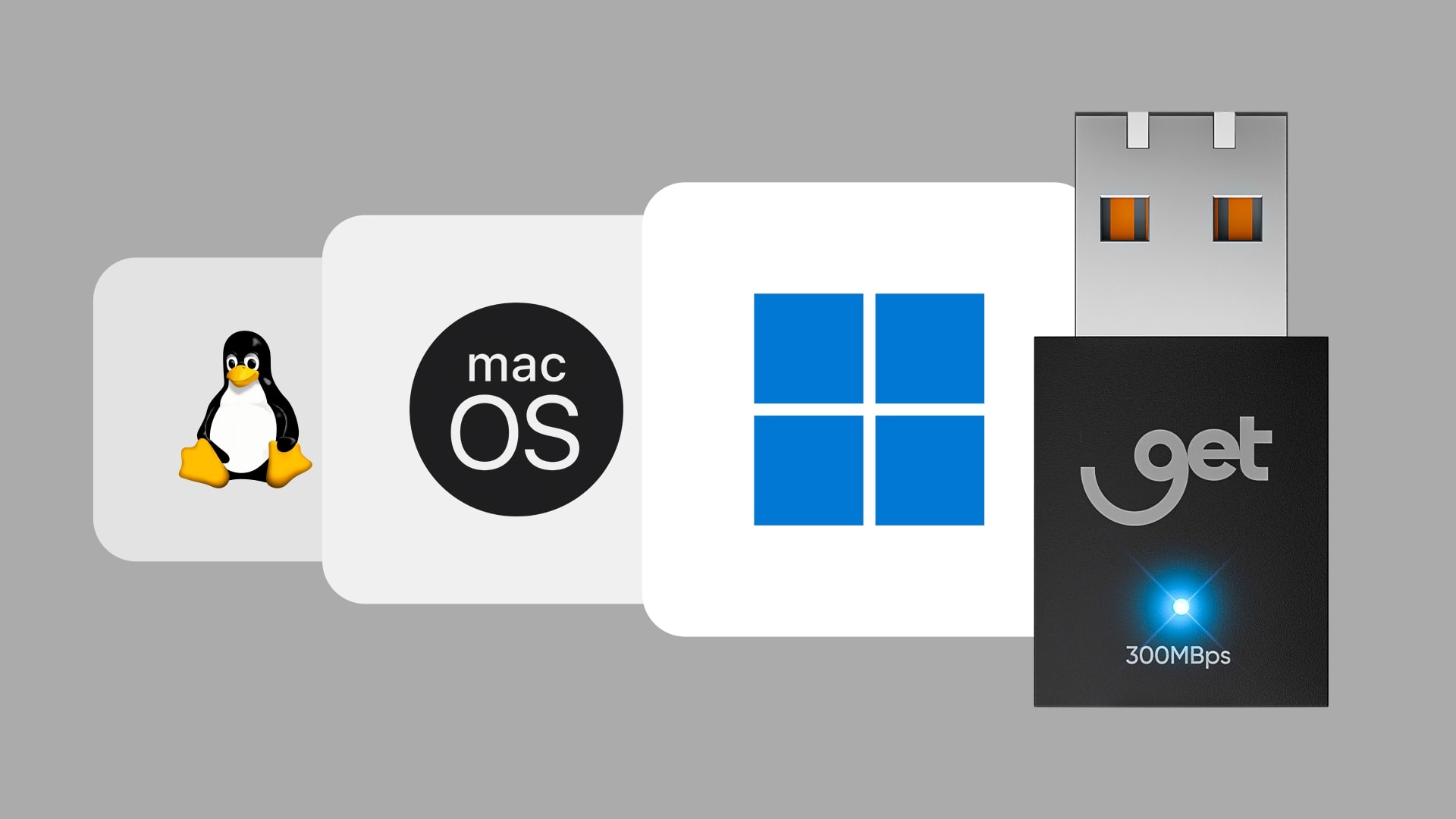 Logos dos sistemas operacionais Windows, macOS e Linux ao redor do adaptador Wi-Fi.