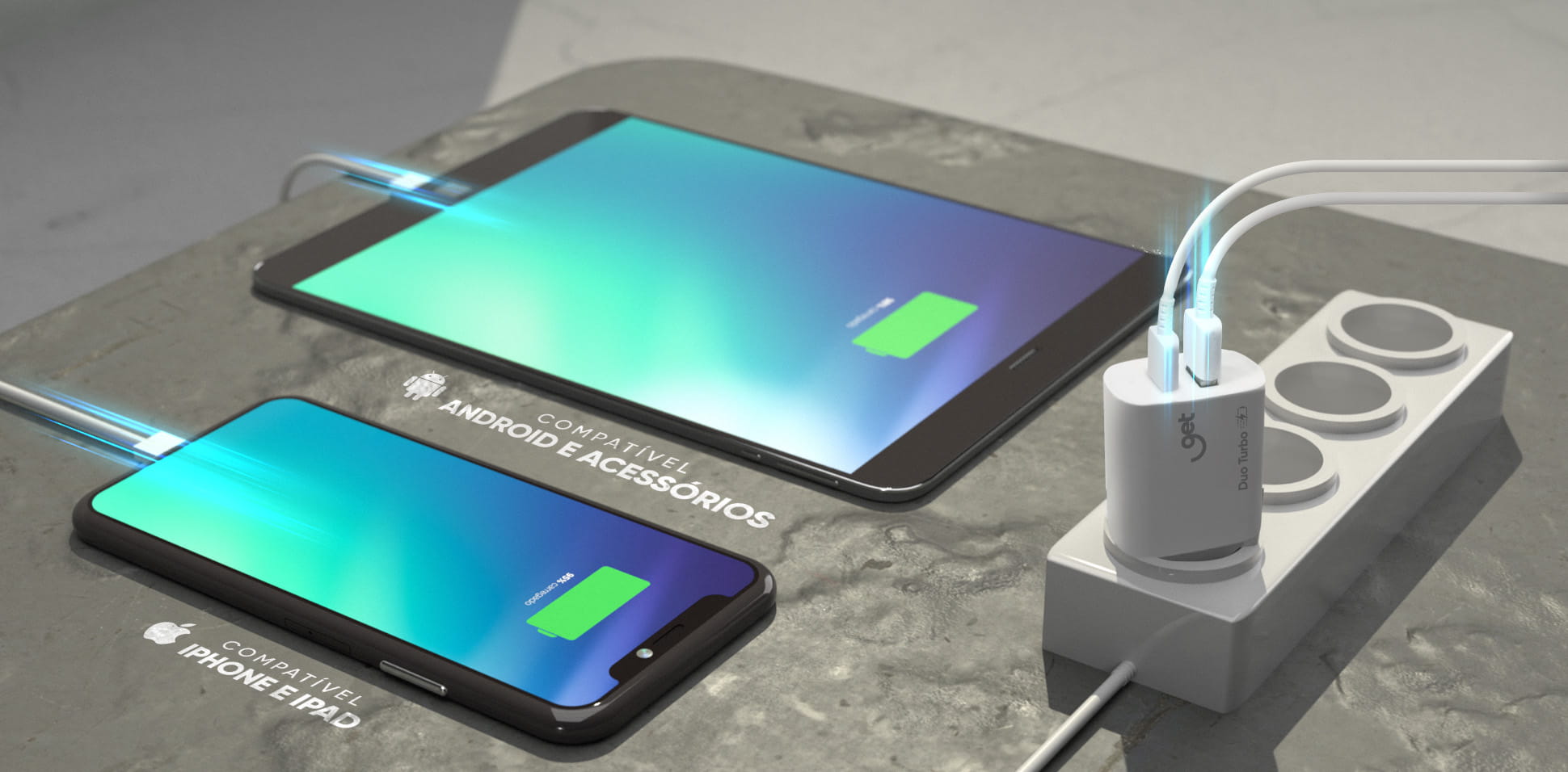 Um tablet e um smartphone sendo carregados pelo Carregador 20 W Get