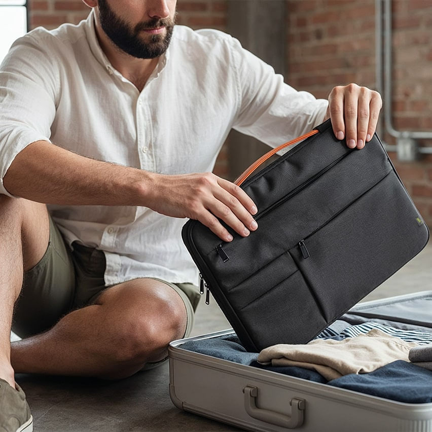 Case sendo transportado em uma mochila.