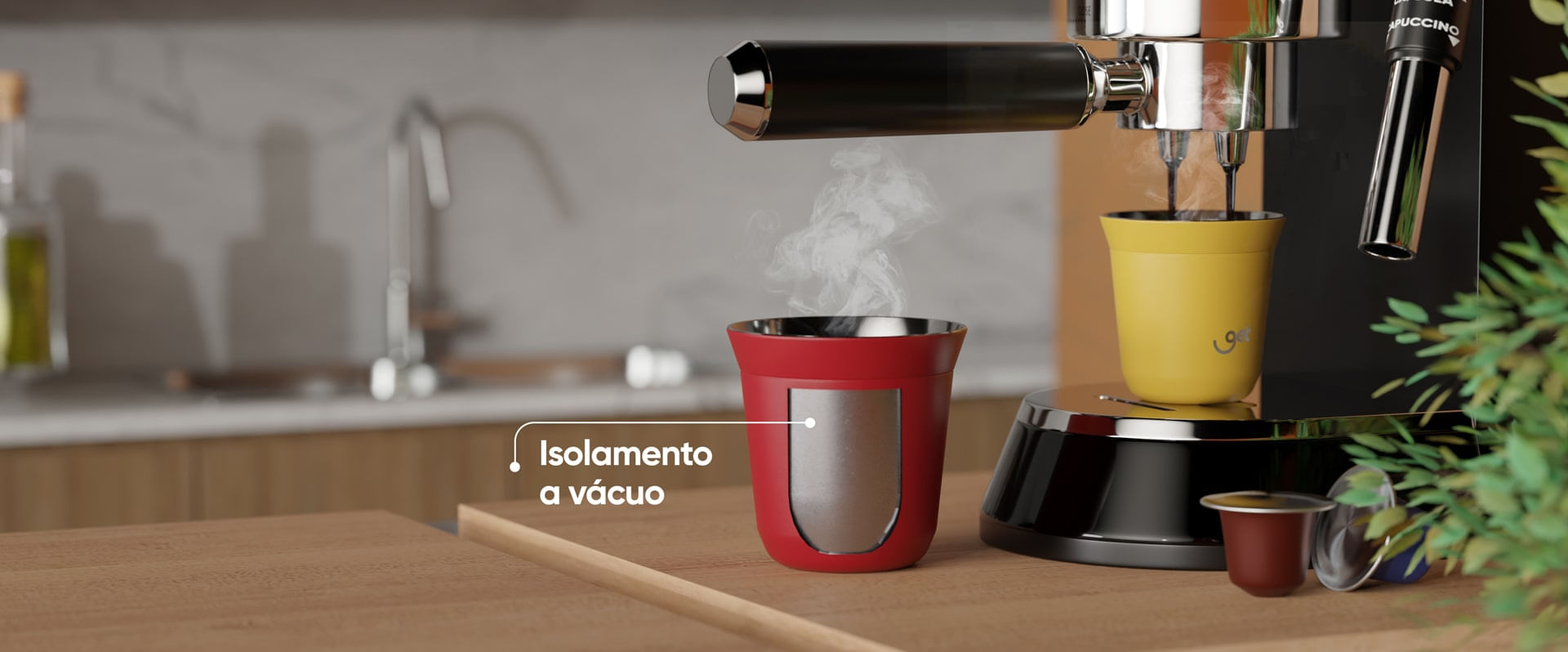 Detalhe do isolamento a vácuo do copo térmico.