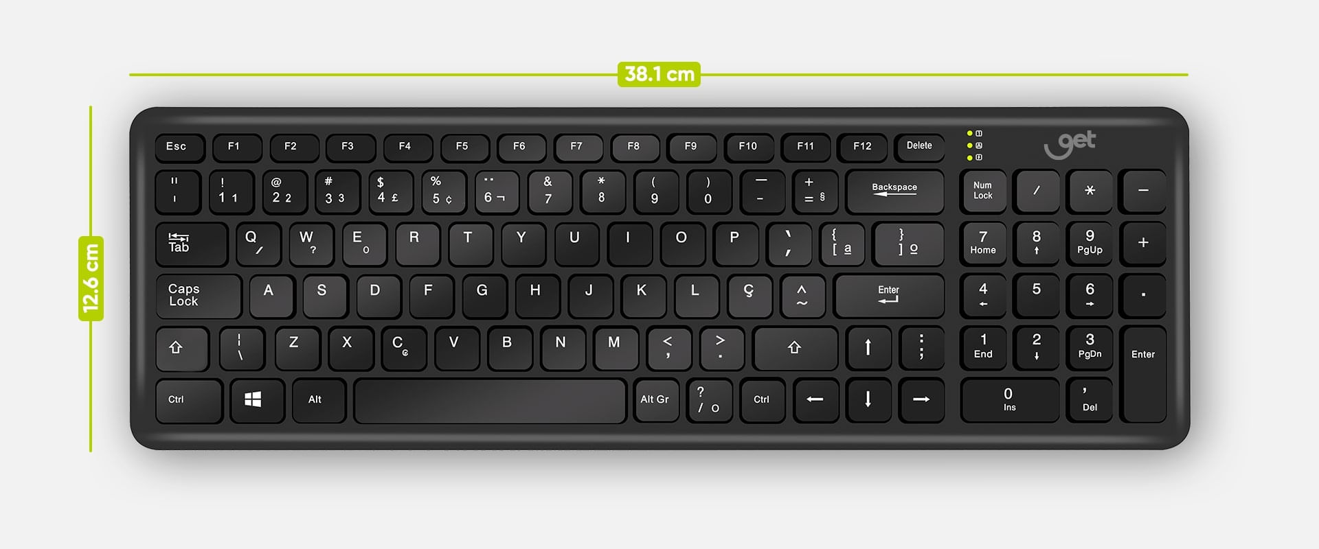 Teclado padrão ABNT2 com teclas destacadas.