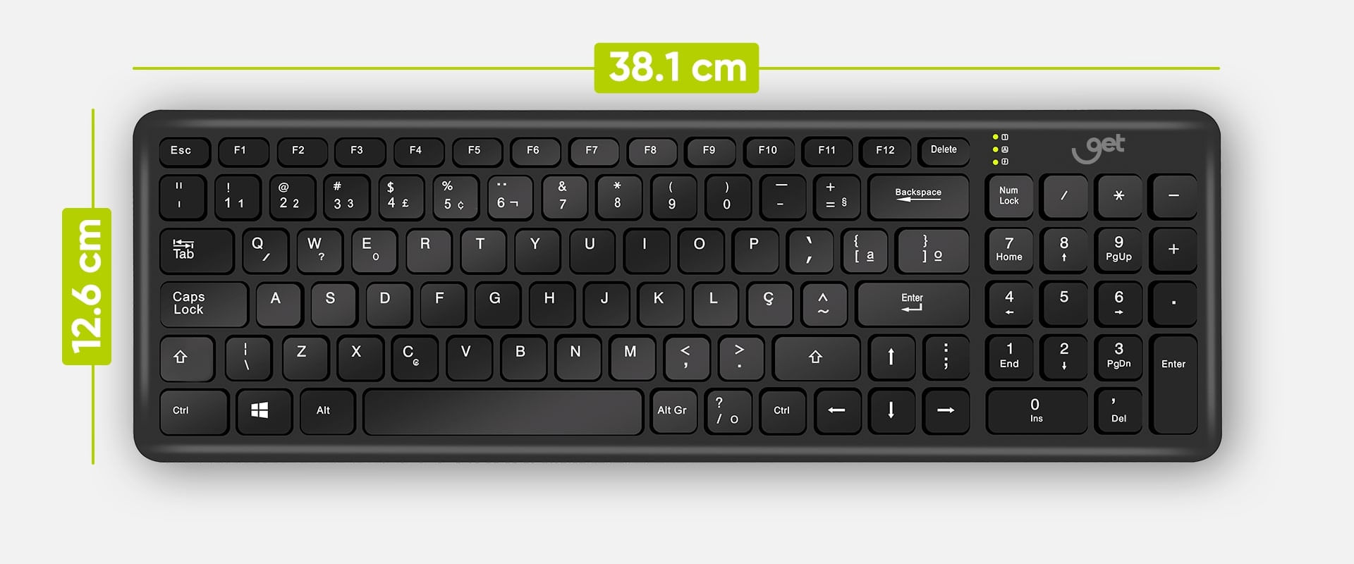 Teclado padrão ABNT2 em formato vertical.