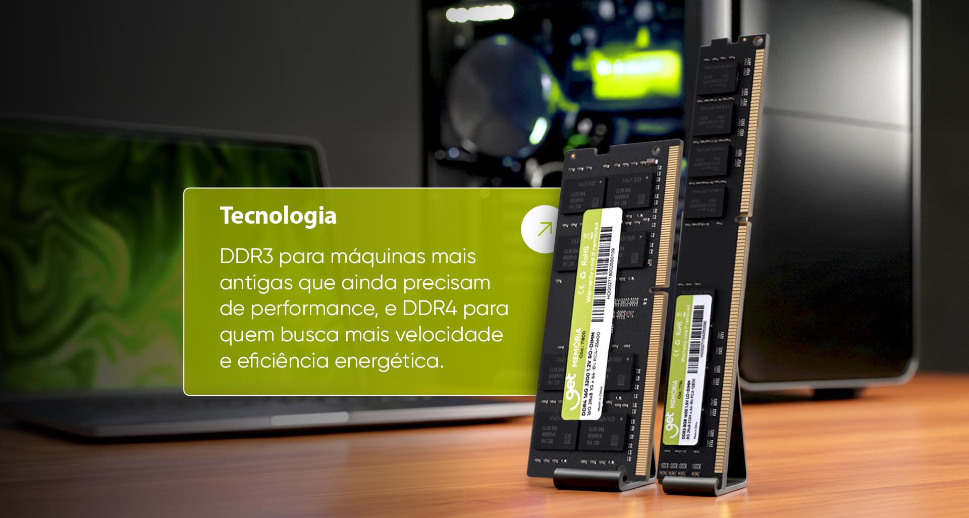 Duas memórias RAM DDR3 e DDR4 com informações de tecnologia.