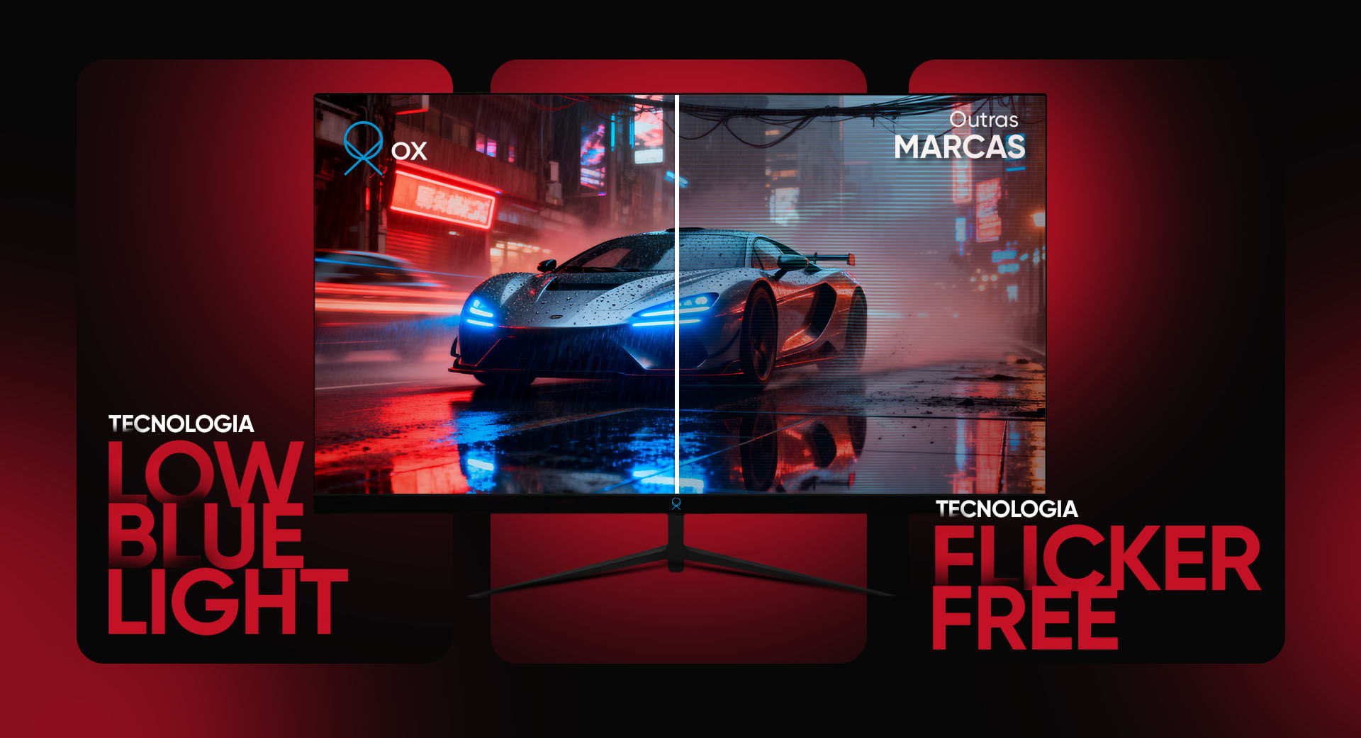 Ilustração dos benefícios das tecnologias de conforto visual do monitor.