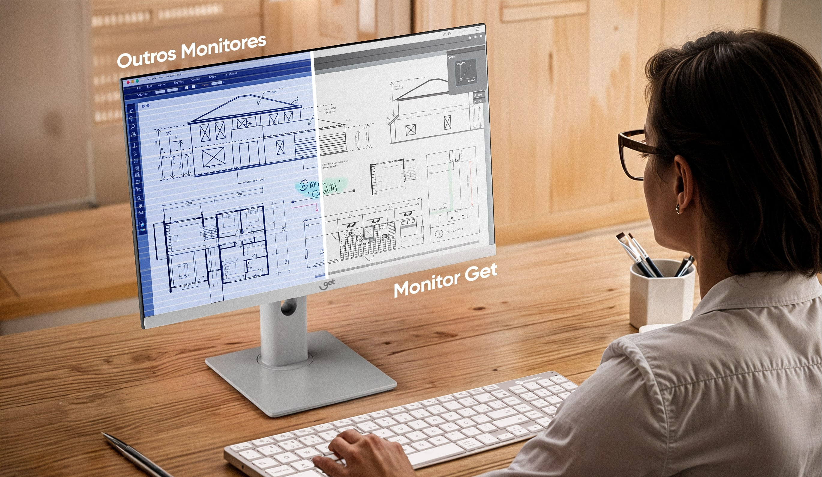 Ilustração dos benefícios das tecnologias de conforto visual do monitor.