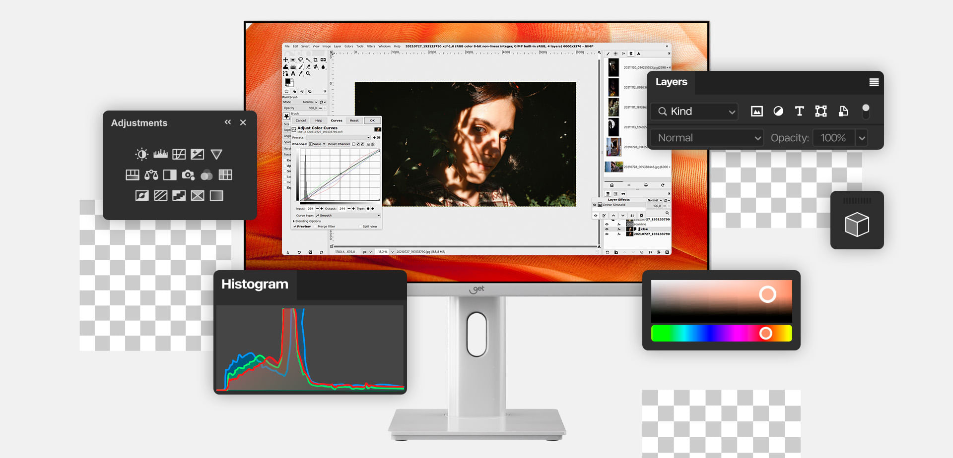 Ilustração dos benefícios das tecnologias de conforto visual do monitor.