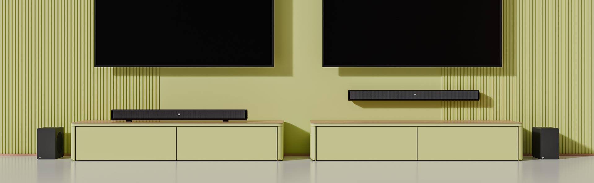 Soundbar em uma estante e montado na parede.