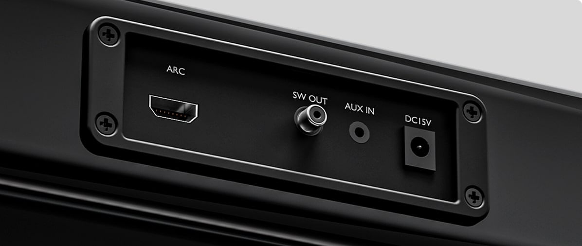 Parte traseira da soundbar mostrando as conexões.