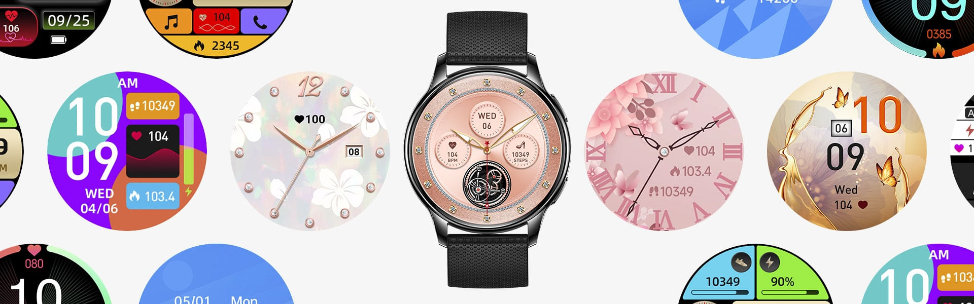 Coleção de diferentes mostradores de relógio.