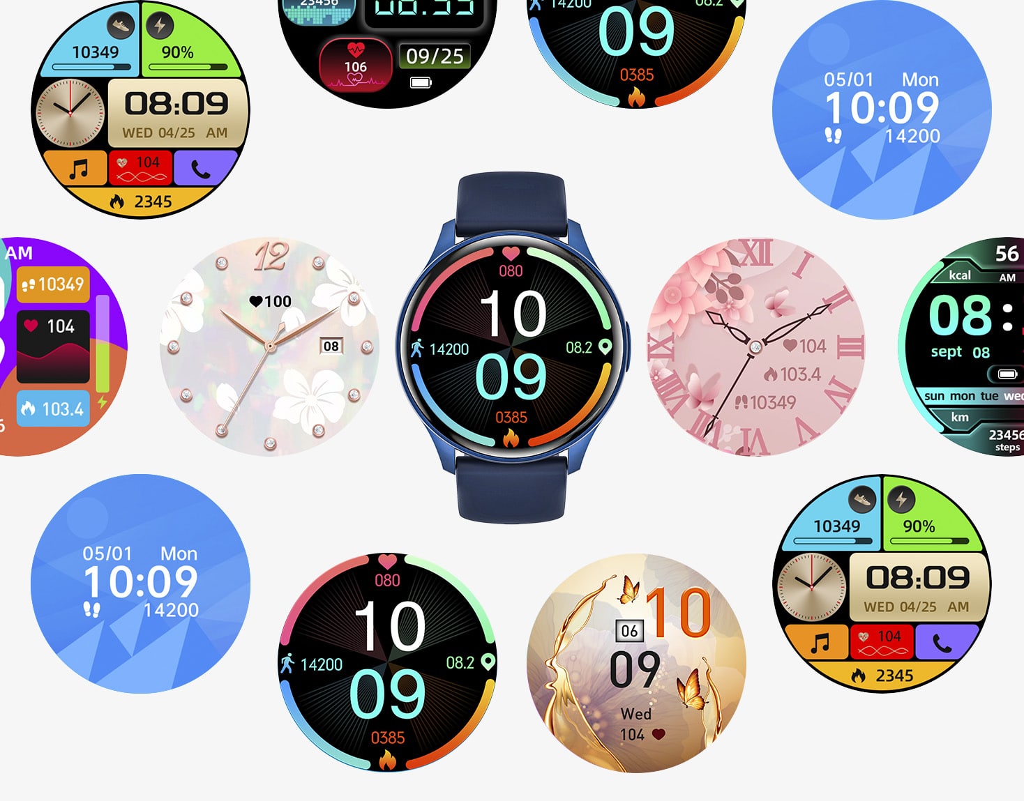 Coleção de diferentes mostradores de relógio vertical.