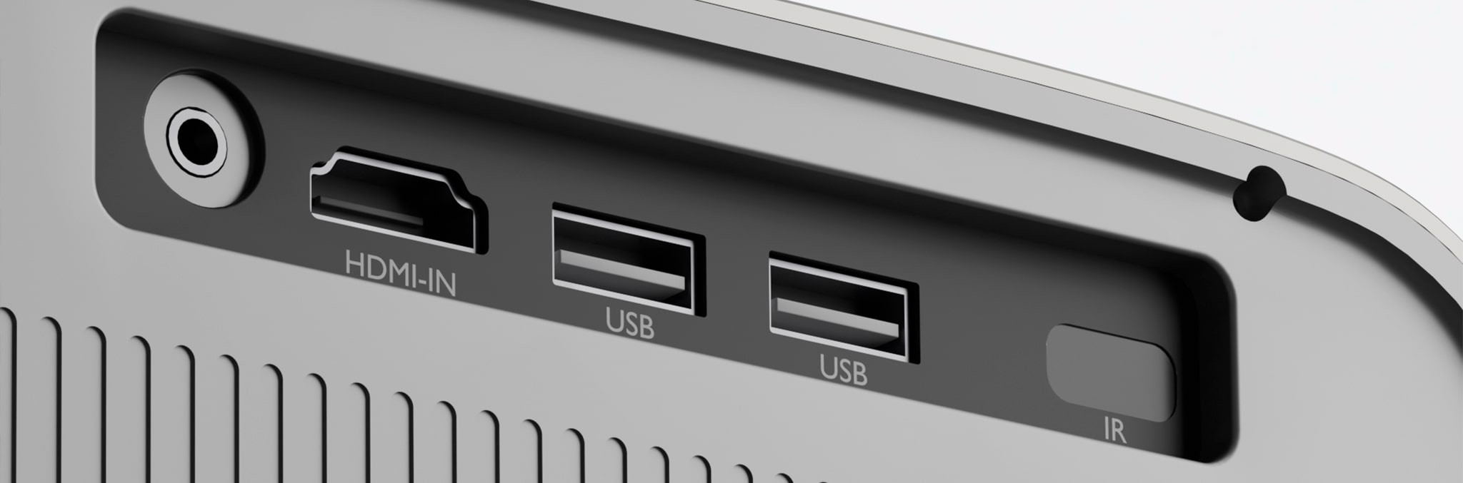 Projetor com várias portas de conexão, como HDMI e USB.