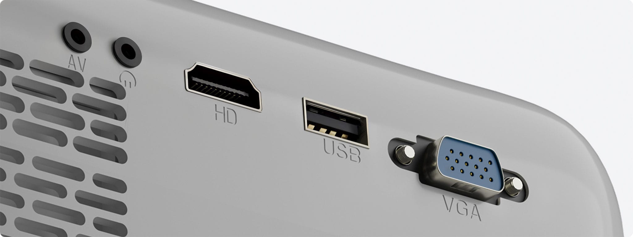 Projetor com várias portas de conexão, como HDMI e USB.