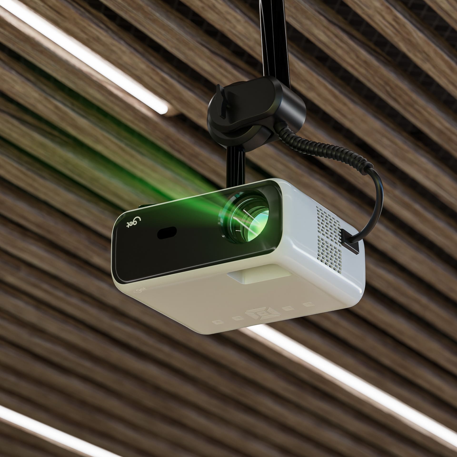 Projetor Vision 5 instalado no teto com suporte VESA.