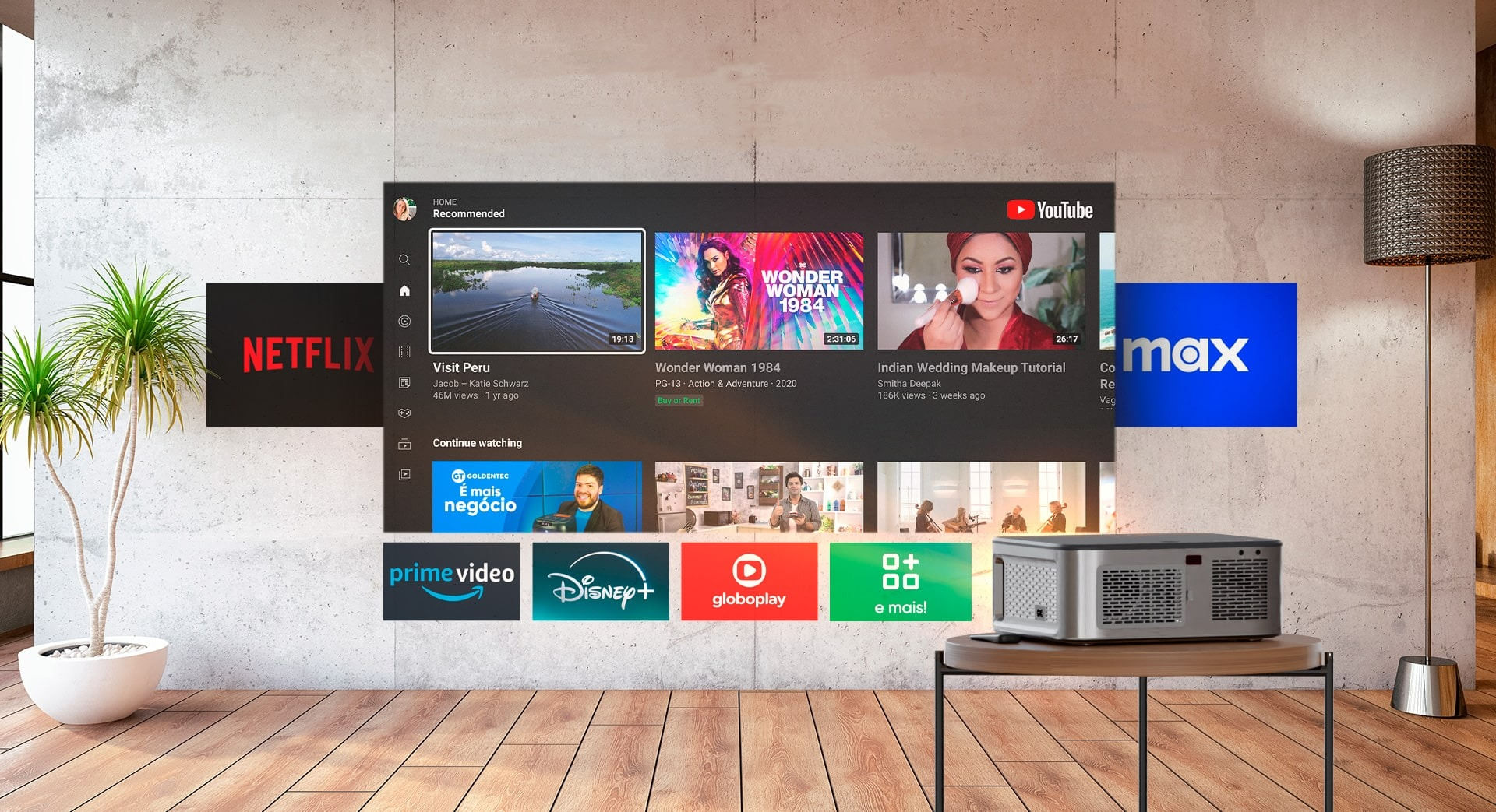 Projetor exibindo uma imagem nítida em uma sala de reuniões iluminada.