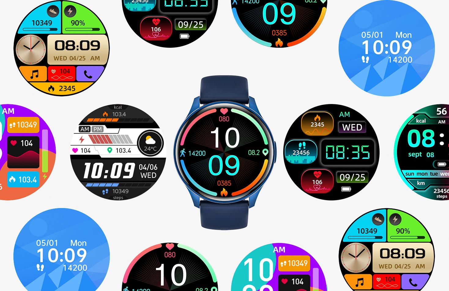 Coleção de diferentes mostradores de relógio (watchfaces) para o smartwatch em formato vertical.